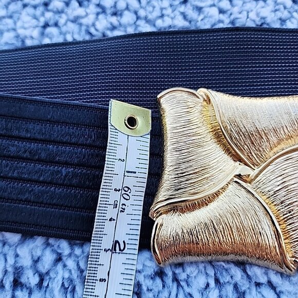 Vintage Women's Black Elastic Belt Gold Buckle 30" Unstretched - Picture 3 of 5